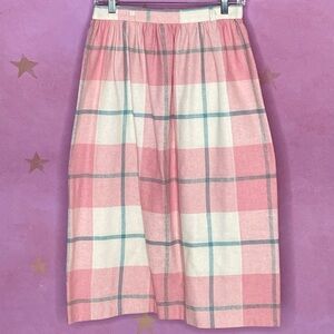 Vintage Pleated Pink Plaid Midi Skirt Size 12 Wool Blend Preppy Twee Indie Pop